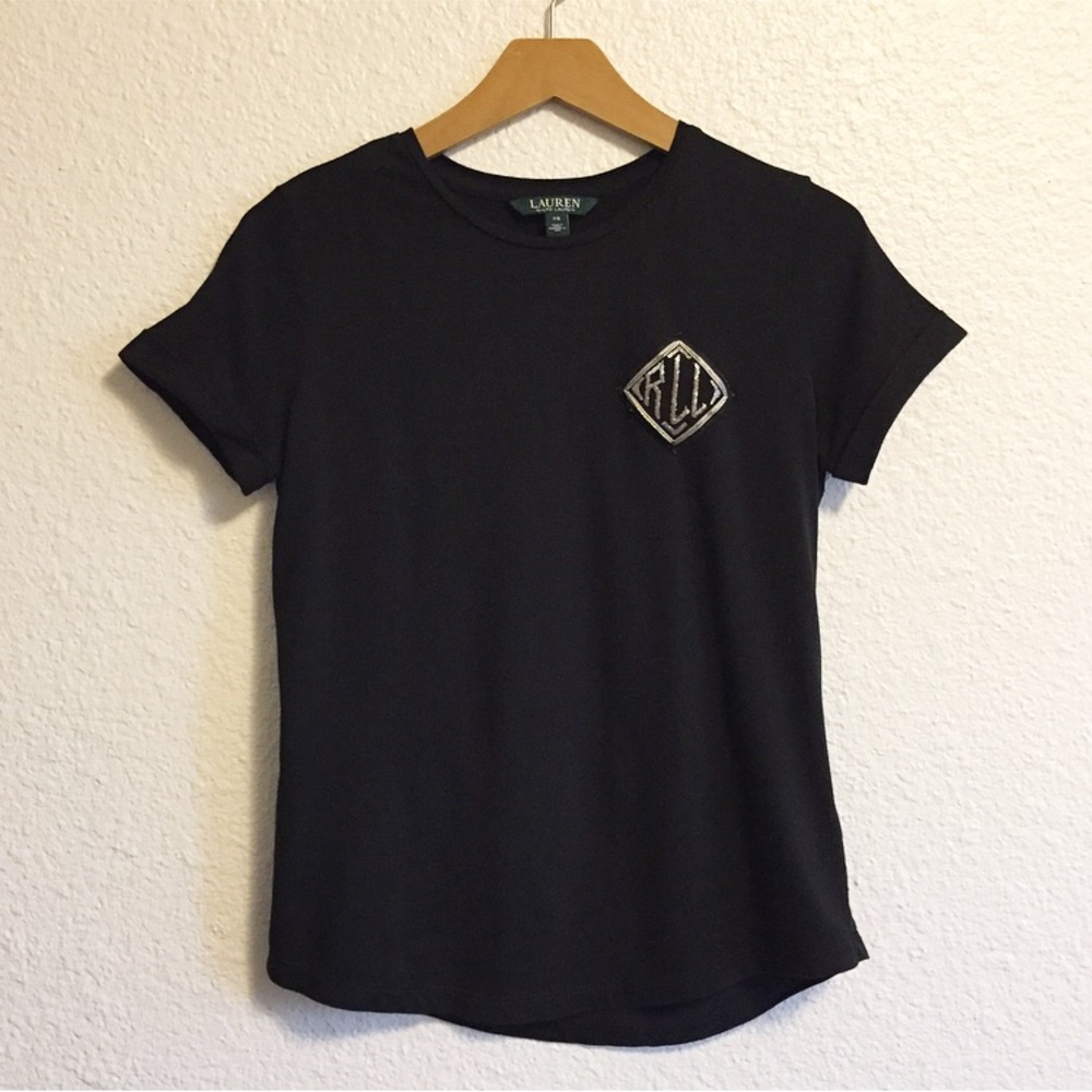 Lauren Ralph Lauren Green Label Black Embroidered Beaded Logo Tee Women’s XS